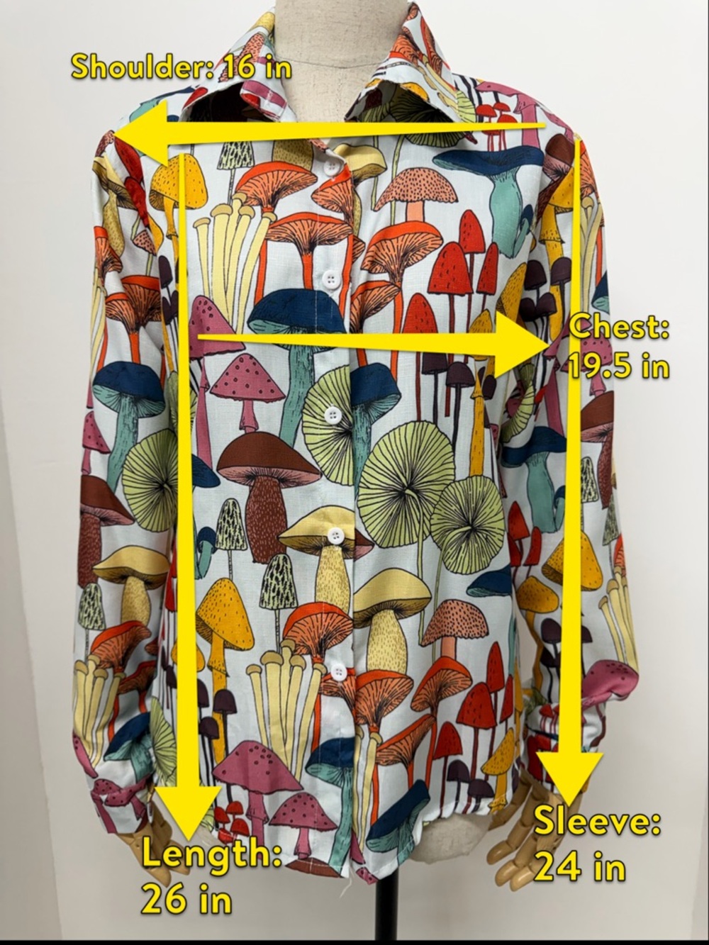 Retro Styled Mushroom Print Button Front Long Sleeve Bohemian Shirt Size Medium - Picture 14 of 14